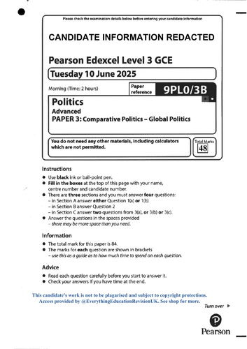 A-Level Edexcel Politics Paper 3B 2025 Series Copy of Script with Marked Answers (48/84 Marks)