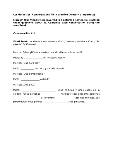 Los desastres: Conversations fill in practice (Preterit / Imperfect)