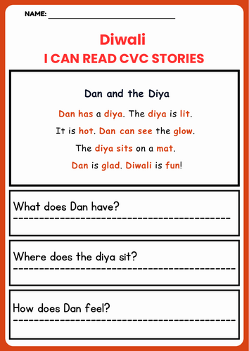 Diwali Reading Comprehension CVC Stories