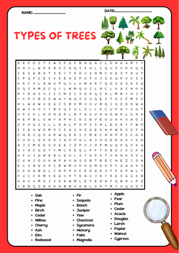 Types of Trees Word Search Puzzle Activity