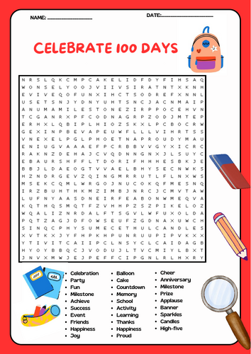 Celebrate 100 Days Word Search Puzzle Activity
