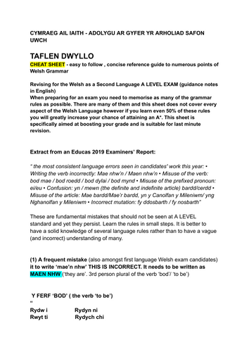A LEVEL WELSH SECOND LANGUAGE grammar sheet in point form