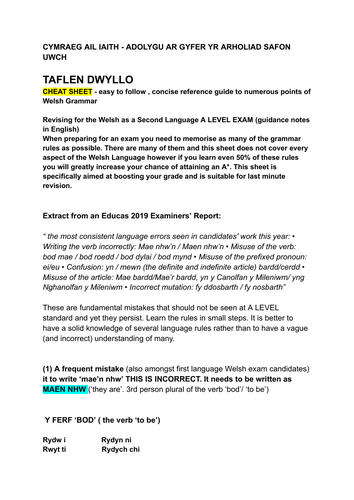 "CHEAT SHEET" A* A LEVEL SECOND LANGUAGE WELSH: revision sheet