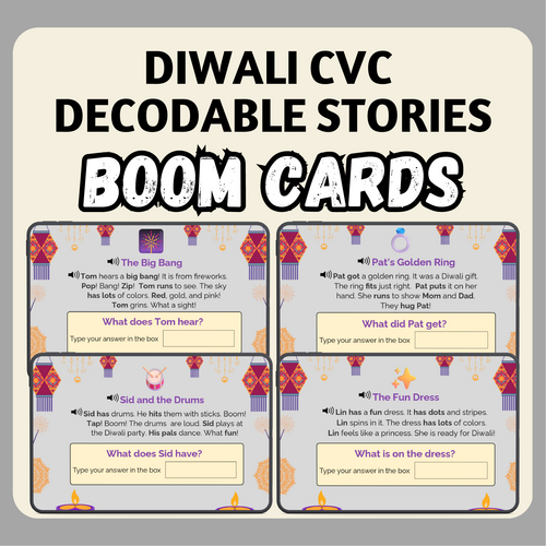 Diwali CVC Decodable Stories | Reading Comprehension BOOM Cards™ with Audio