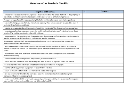 Mainstream Core Standards Checklist