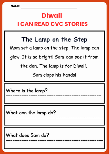 Diwali CVC Decodable Short Stories worksheets with Comprehension Questions
