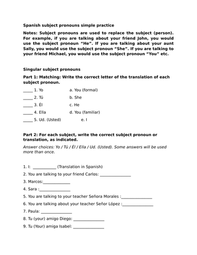 Spanish subject pronouns simple practice