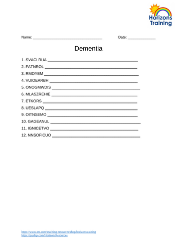 Dementia Word Scramble Worksheet