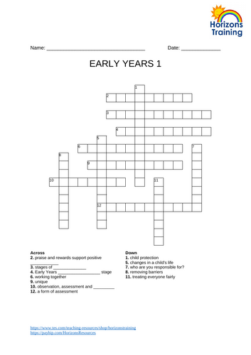 Early Years Crossword