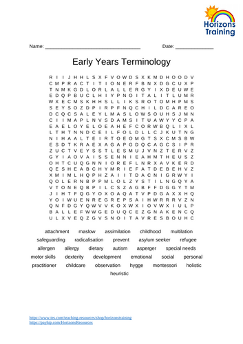 Early Years Terminology Wordsearch