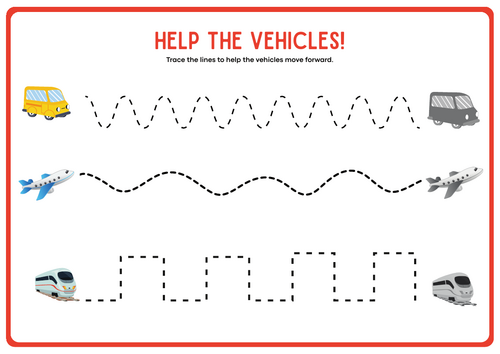 Vehicles Tracing Worksheet in Colorful Playful Style