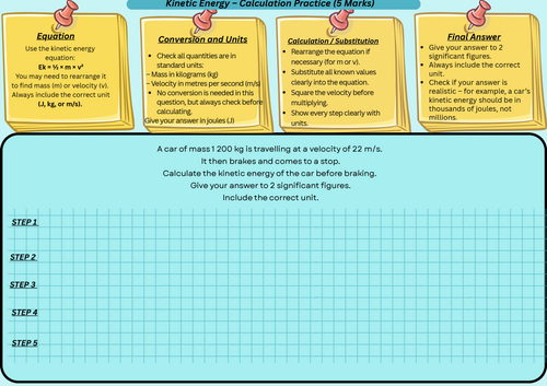 Kinetic Energy - GCSE Physics Calculation Practice (5 Marks, Scaffolded Worksheet + PPT)