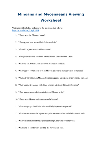 Minoans and Mycenaeans Video Viewing Questions Worksheet