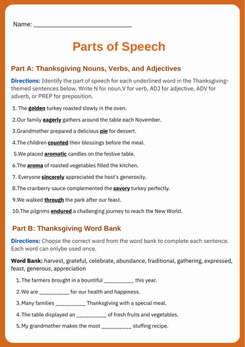 Thanksgiving Grammar Worksheets | November ELA Review | Grammar Practice