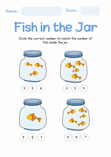 Counting Fish Worksheet in Blue and Yellow Illustrative Style