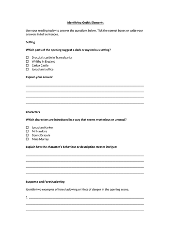 Dracula (Play) Identifying Gothic Elements Worksheet