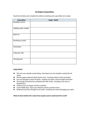 The Origins of Superstitions Worksheet