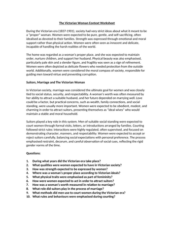 The Victorian Woman Context Worksheet