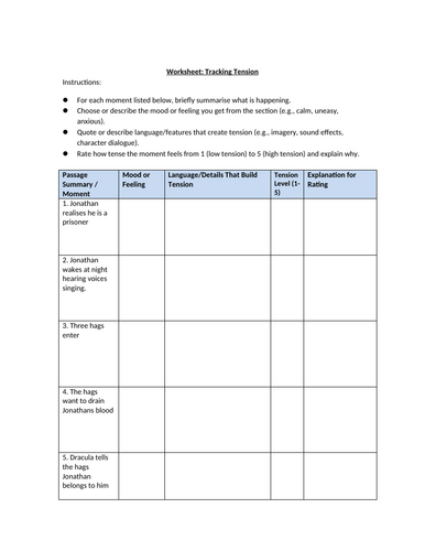 Dracula (Play) Tracking Tension Worksheet Act 1 Scene 3