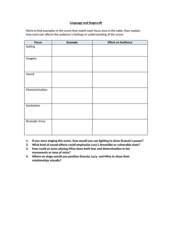 Dracula (Play) Language and Stagecraft Worksheet Act 2 Scene 3