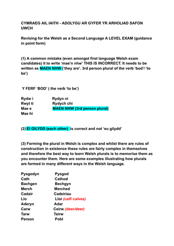 Adolygu CYMRAEG AIL IAITH SAFON UWCH: nodiadau gramadeg
