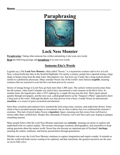 Lock Ness Monster Paraphrasing Worksheet