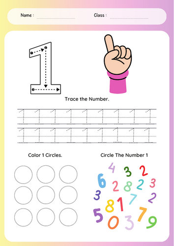 Number 1-9 Tracing Worksheet in pink and yellow Illustrative Style