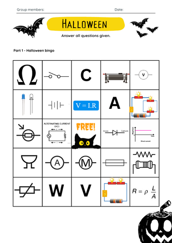 Halloween Circuit Symbol Bingo - Y11 Physics