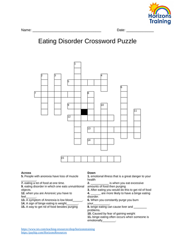 Eating Disorders Crossword