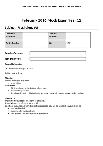 AS Psychology Mock Paper for Approaches and Clinical Psychology and Mental Health