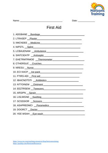 First Aid Word Scramble