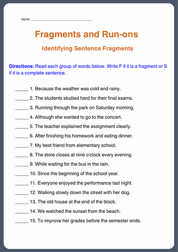 Fragments and Run-ons Worksheets | Grammar Practice