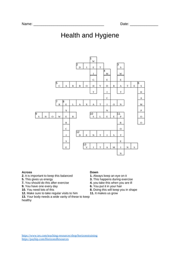 Health & Hygiene Crossword