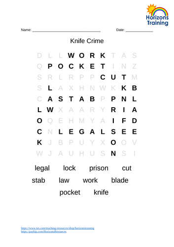 Knife Crime Wordsearch