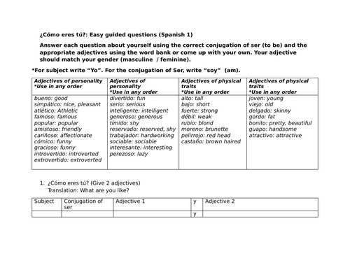 ¿Cómo eres tú?: Easy guided questions (Spanish 1)