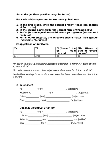 Ser and adjectives practice (singular forms)