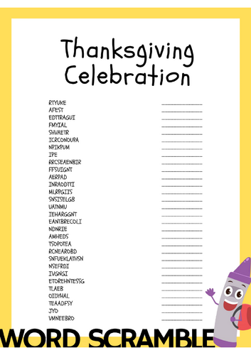 Thanksgiving Celebration Word scramble puzzle