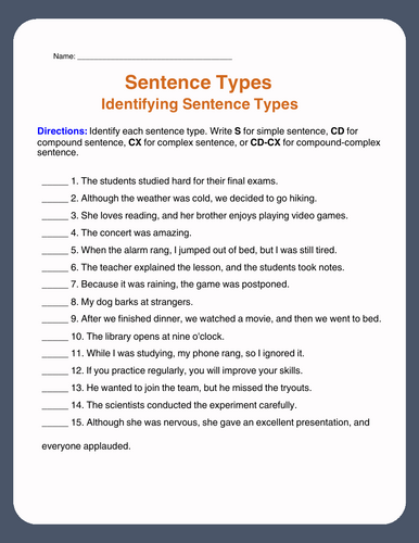 Sentence Types Worksheets:Simple, Compound, Complex & Compound-Complex Sentences