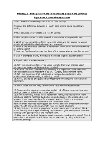 Unit R032–Revision Questions-Principles of Care in Health & Social Care Settings Topic Area 1 & 2