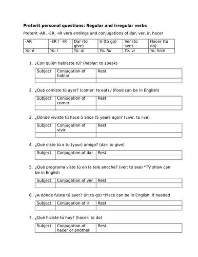 Preterit personal questions: Regular and irregular verbs