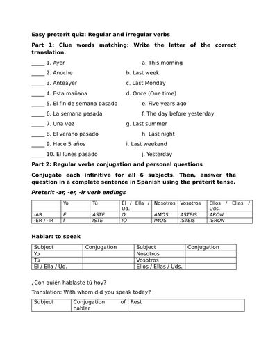 Easy preterit quiz: Regular and irregular verbs (Spanish)