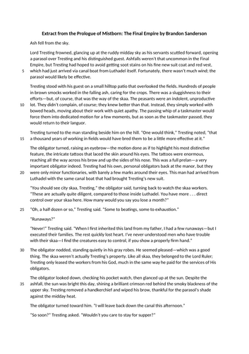 AQA English Language Paper 1 Section A -  Mistborn: The Final Empire