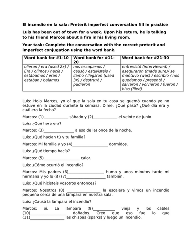El incendio en la sala: Preterit imperfect conversation fill in practice