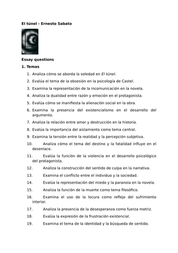 El túnel by Ernesto Sabato – Essay Questions