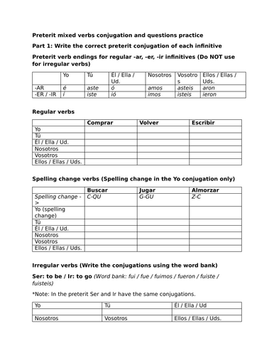 Preterit mixed verbs conjugation and questions practice