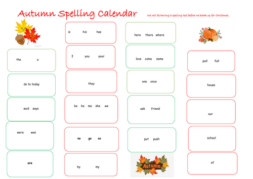 year 1 spelling calendars- common exception words