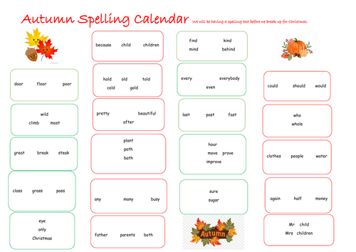 year 2 spelling calendars-common exception words
