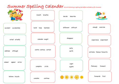 year 3 spelling calendars-common exception words