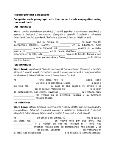 Regular preterit paragraphs (Spanish)