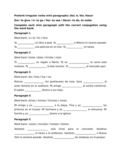 Preterit irregular verbs mini paragraphs: Dar, Ir, Ver, Hacer